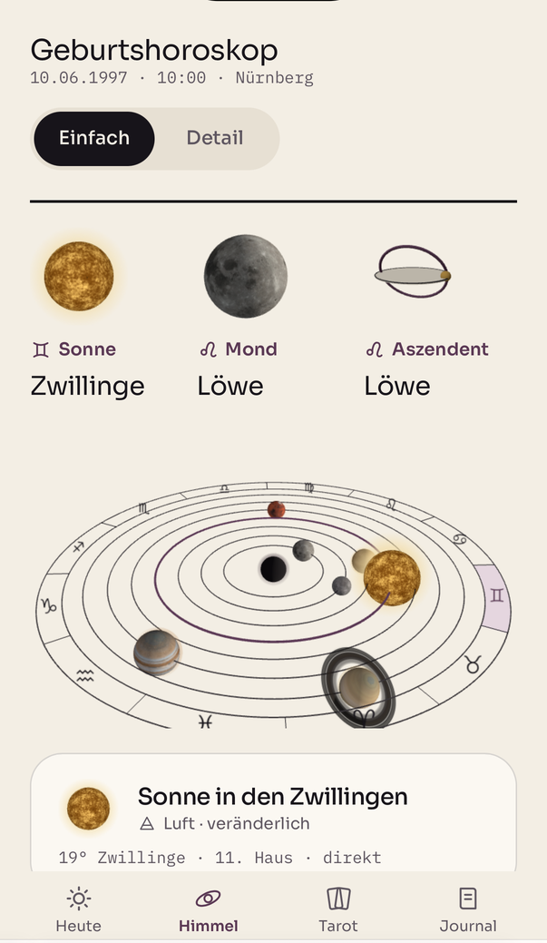 Geburtshoroskop in oreluna mit Sonne, Mond, Aszendent und dem Orrery